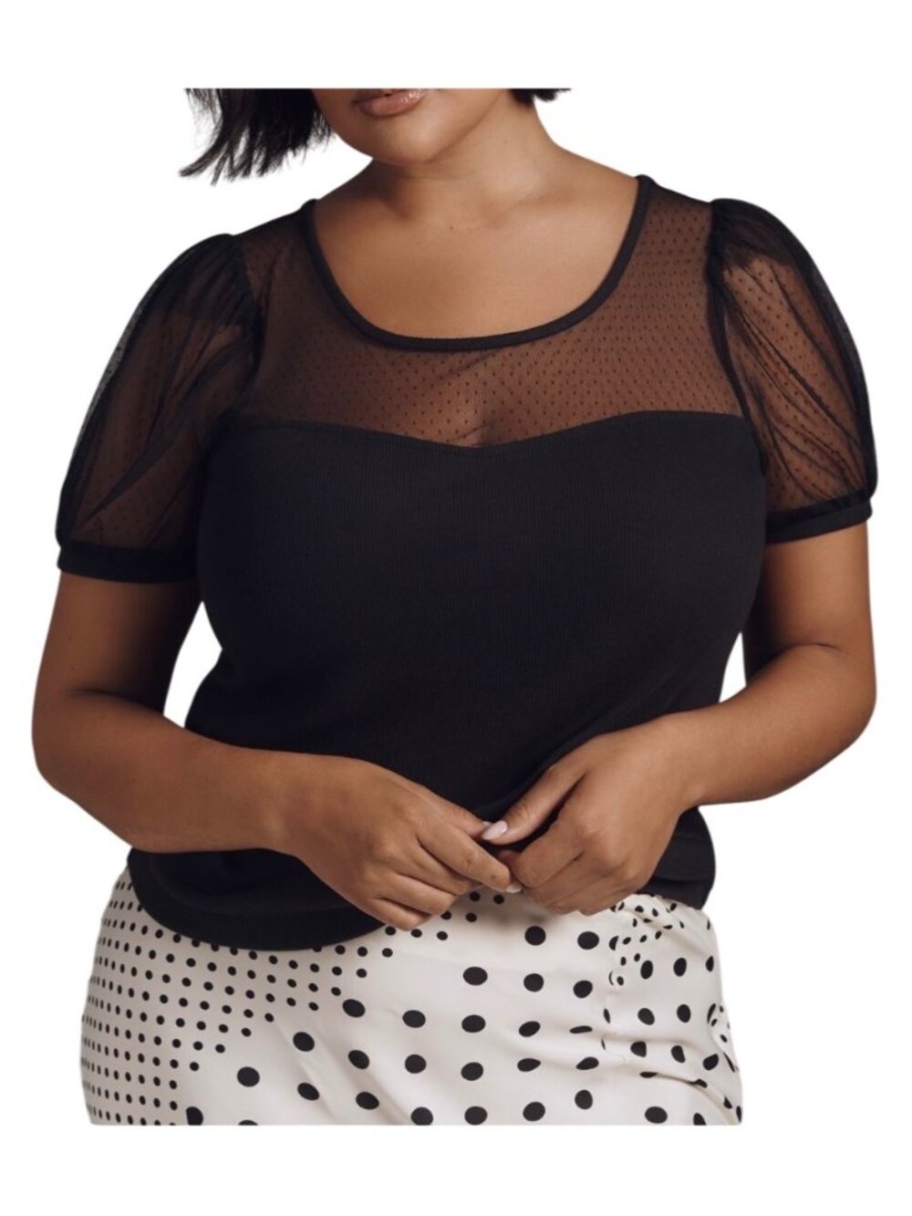 Maeve Anthropologie Sheer Yoke Sweetheart Top Puff Sleeve Size XL Black